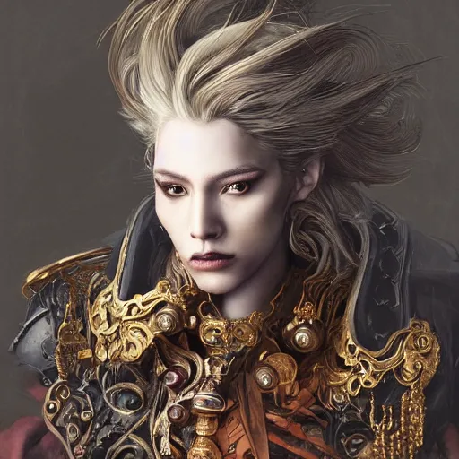 Image similar to portrait, headshot, insanely nice professional hair style, dramatic hair color, digital painting, of a old 17th century, old cyborg merchant, amber jewels, baroque, ornate clothing, scifi, realistic, hyperdetailed, chiaroscuro, concept art, art by Franz Hals and Jon Foster and Ayami Kojima and Amano and Karol Bak,