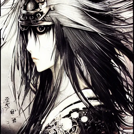 Image similar to Yoshitaka Amano blurred and dreamy illustration of an anime girl with a pirate eye patch, wavy white hair and cracks on her face wearing elden ring armour with the cape fluttering in the wind, abstract black and white patterns on the background, noisy film grain effect, highly detailed, Renaissance oil painting, weird portrait angle