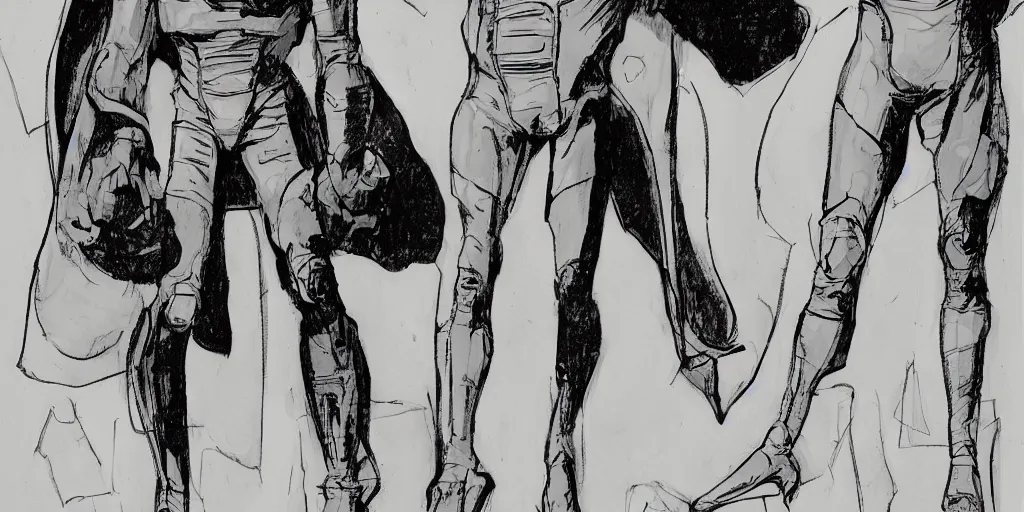Image similar to male, elongated figure, space suit, sketch, large shoulders, short torso, long thin legs, tiny feet, character sheet, very stylized, illustration, pen and ink, by mike mignola, by alex maleev