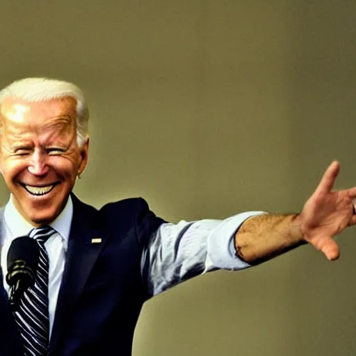 Image similar to archival photograph of joe biden standing over destruction and laughing with his hands in the air