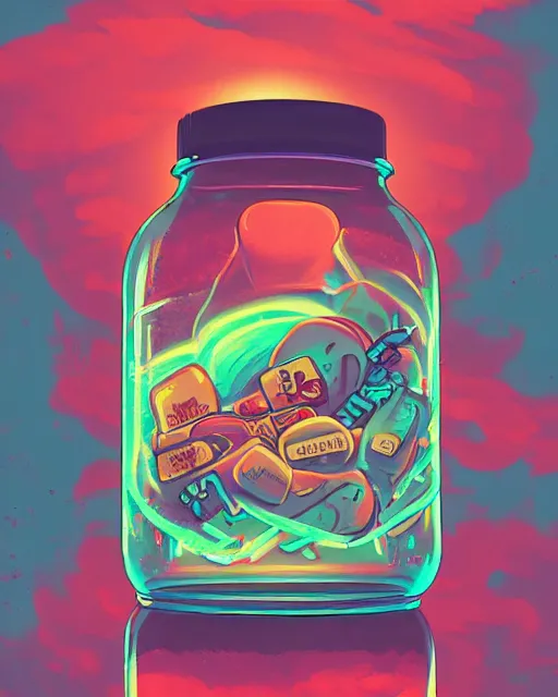 Prompt: awesome logo on jar of a brain and mushroom and pills with dark techno. synthwave colours, in the style of spirited away, hyperrealism, photography, sharp focus, lush detail, award winning, art by anton fadeev