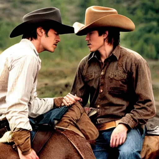 Prompt: a romantic scene from brokeback mountain starring josh hartnett as ennis del mar