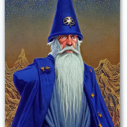 Prompt: majestic wizard with white long beard, blue coat with golden stars ornament, by wayne barlowe