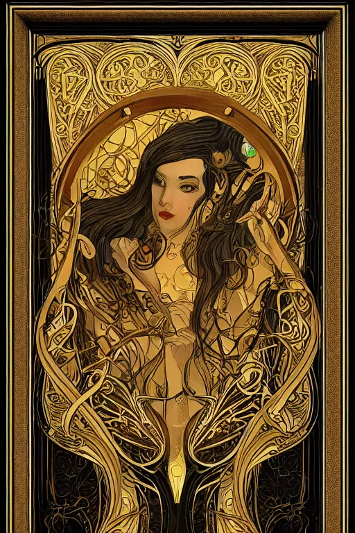 Image similar to an intricate art nouveau canvas frame, with golden entertwined edges and black square center, highly detailed, artstation, concept art, matte, sharp focus,