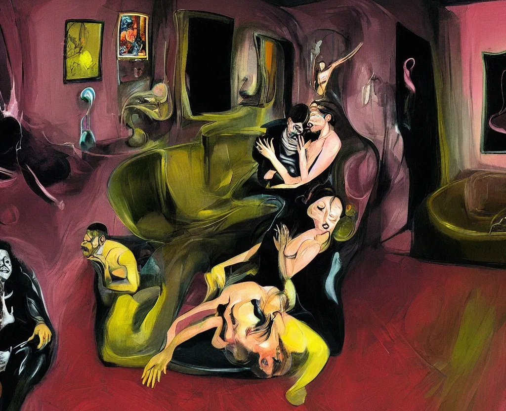 Image similar to Closeup portrait of man and woman feeling love in the living room of a house, floating dark energy surrounds them. There is one plant to the side of the room, surrounded by a background of dark cyber mystic alchemical transmutation heavenless realm, fish eye lens, expressionist artwork by francis bacon and Jenny seville, midnight hour, part by adrian ghenie, part by jeffrey smith, part by josan gonzales, part by boris vallejo, part by norman rockwell, part by phil hale, part by kim dorland, artstation, highly detailed