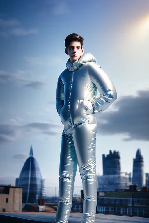 Image similar to un ultra high definition studio quality photographic art portrait of a young man standing on the rooftop of a british apartment building wearing soft baggy inflatable padded silver iridescent pearlescent clothing. three point light. extremely detailed. golden ratio, ray tracing, volumetric light, shallow depth of field. set dressed.