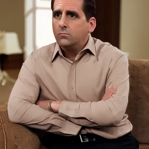 Image similar to full body photo of michael scott, mature male, mysterious face. he is sitting gracefully on a sofa, elegant slim beige shirt, tight shirt, bally belly