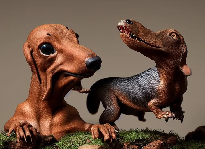 Prompt: Dachshund Tyrannosaurus Rex, natural history diorama by James Perry Wilson