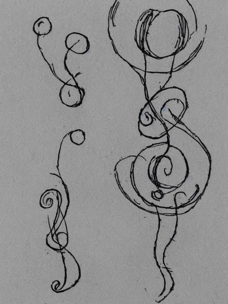 Prompt: a sketch of an acorn that turns into a tree in the shape of a treble clef with a broken line in the middle, single line drawing