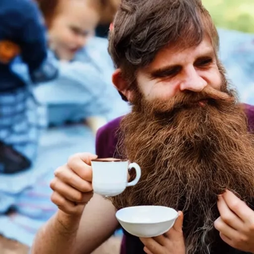 Prompt: small creatures having tea party in a humans beard.