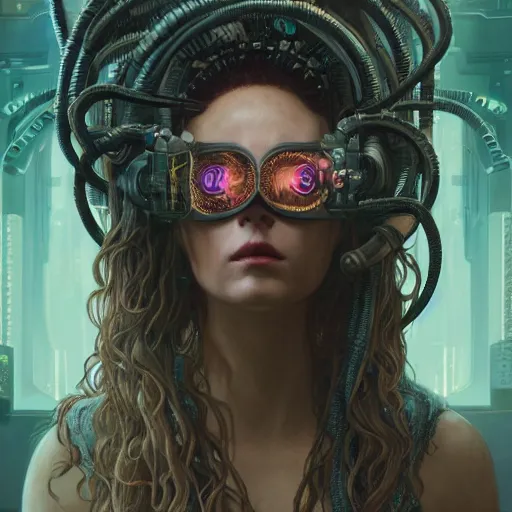 Prompt: portrait of Medusa with vr headset, cyberpunk, thick cables on the head, futuristic hi-tech details, ominous, intricate, art by anthony macbain + greg rutkowski + alphonse mucha, concept art, 4k, sharp focus, cinematic unreal engine