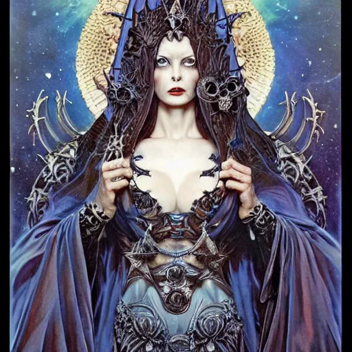 Prompt: portrait of demon evil witch queen made with porcelain by Jeff Easley and Peter Elson + beautiful eyes, beautiful face + symmetry face + border and embellishments inspiried by alphonse mucha, fractals in the background, galaxy + baroque, gothic, surreal + highly detailed, intricate complexity, epic composition, magical atmosphere + masterpiece, award winning + trending on artstation