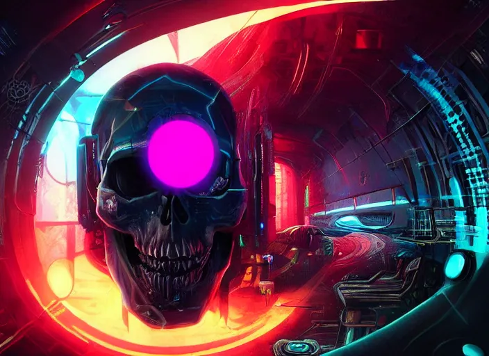 Image similar to a futuristic skull with glowing eyes and a wormhole tunnel, cyberpunk art by android jones, artstation hd, computer art, darksynth, synthwave, rendered in cinema 4 d