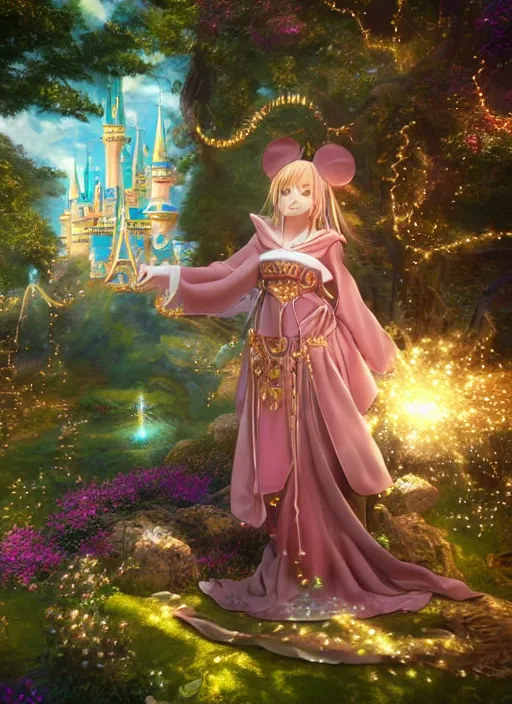 Image similar to a pleasant, beautiful, funny, smooth 3D CG render, semirealistic anime style, a noblepriestess magician girl wearing dress and jewelry, in a glorious magic kingdom, relaxing calm vibes, fairytale