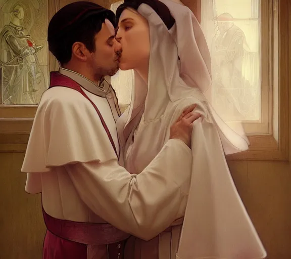 Image similar to photography of a pope kissing a sensual woman in a bedroom, deep focus, elegant, highly detailed, digital painting, artstation, concept art, matte, sharp focus, illustration, art by artgerm and greg rutkowski and alphonse mucha