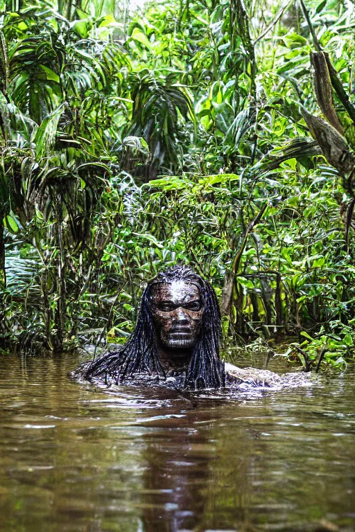 Image similar to predator in sri lankan jungle, submerged in water, black hair, hunter, extremely high fidelity, natural lighting