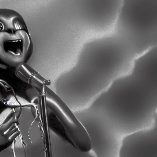 Image similar to hyperrealistic image of alien singing at a rock concert in the 1 9 6 0 s