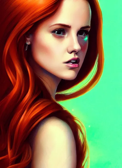 Image similar to full body portrait of teenage cheryl blossom, bangs, green eyes, mischievous expression, red hair, sultry smirk, bangs and wavy hair, intricate, elegant, glowing lights, highly detailed, digital painting, artstation, concept art, smooth, sharp focus, illustration, art by wlop, mars ravelo and greg rutkowski