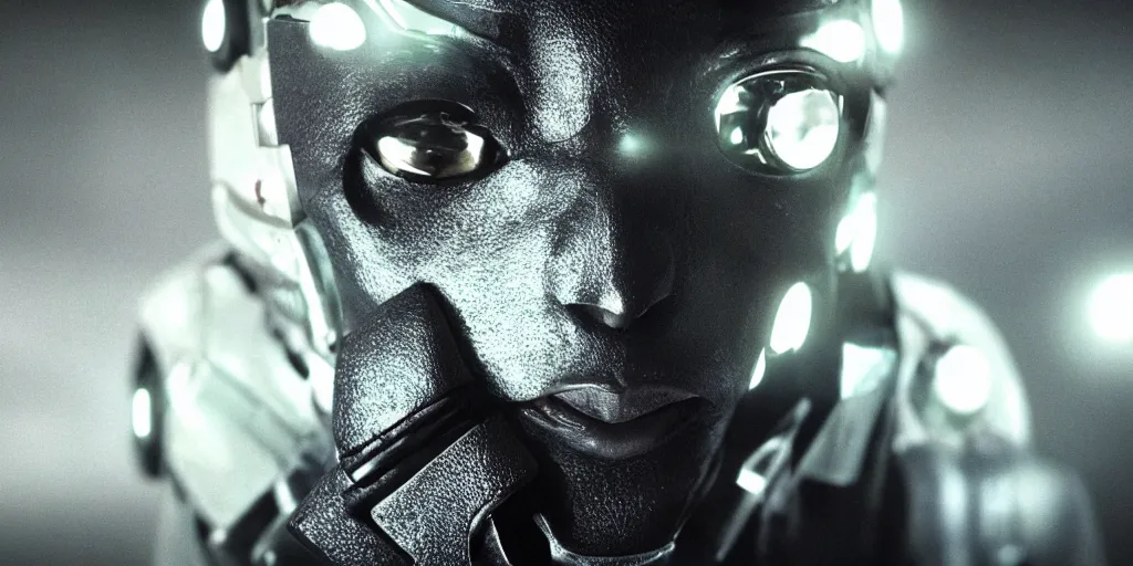 Image similar to a science fiction film still of a black man starring as a cyborg, shallow depth of field, cinematic, award winning cgi, vfx, surrealism, film photography