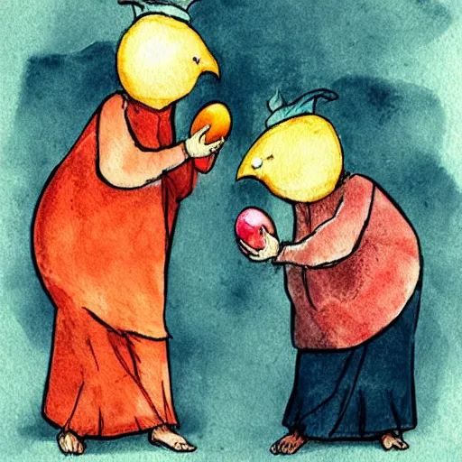 Image similar to two orphans with hats and middle ages simple clothes holding eggs with their arms, orphans escaping from a flying angry chicken, illustration for children, light watercolor on grainy paper,. accurate anatomy. symmetry.