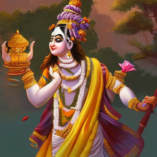 Image similar to a hyperrealistic fantasy illustration of Lord Krishna against a backdrop of Vrindavan in the style of Jason Chan and WLOP. Trending on ArtStation.