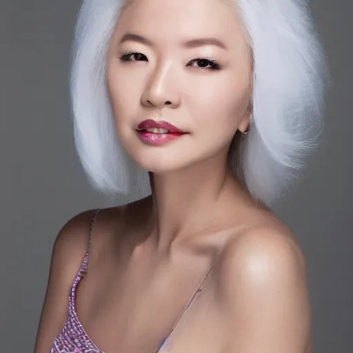 Image similar to Erika Ishii with pure white hair and opalescent skin