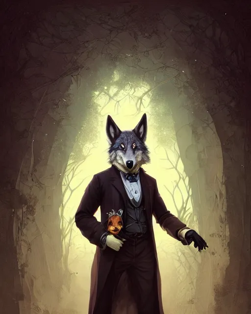 Image similar to anthropomorphic art of a detective wolf, victorian inspired clothing by artgerm, victo ngai, ryohei hase, artstation. fractal papersand books. highly detailed digital painting, smooth, global illumination, fantasy art by greg rutkowsky, karl spitzweg