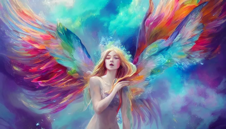 Image similar to a colorful and provenance portrait painting of a angel with her hugeflowers wings spread out gracefully, highly saturated colors, highly detailed, hair made of hair made of air wind and curling smoke, mist, dust, genie, flowers, flower, stars, spirit fantasy concept art, art by charlie bowater and aenami, trending on artstation.