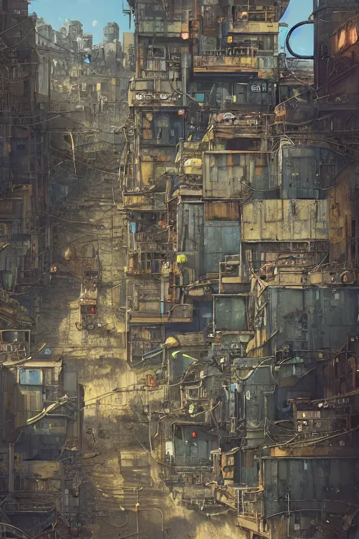 Image similar to a industrial STEAMPUNK CITY Street scenery in the FAVELAS, signs, billboards and cable Connecting MULTI LVL BUILDINGS, rendered by simon stålenhag, rendered by Beeple, Makoto Shinkai, syd meade, environment concept, digital art, starwars, Gundam Style, unreal engine, 3 point perspective, WLOP, trending on artstation, low level, 4K UHD image, octane render,