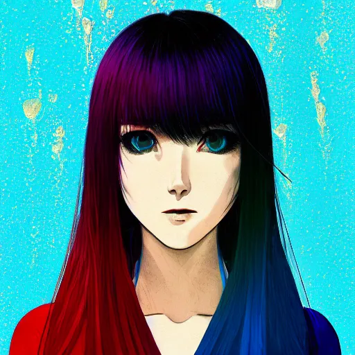 Image similar to water dripping on rimuru tempest, heavenly ripples, sky blue straight hair, bangs, with amber eyes, black jacket, high collar, ultra detailed, euphoric, masterpiece, digital painting, psychedelic, cinematic, wlop, pixiv, swirly, ilya kuvshinov, andy warhol