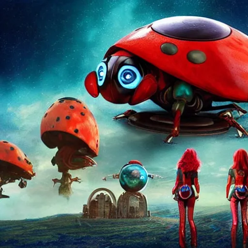 Prompt: promotional movie still, ladybug futuristic ( ( descendants ) ), ladybug quadruped with big rgb eyes, huge ladybug mothership, space western, dramatic lighting, the fellowship of the ring ( film ) genre.