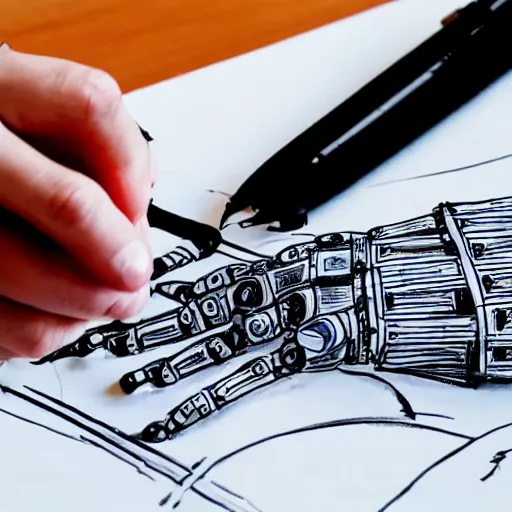 Image similar to a robot hand sketching a robot hand on paper