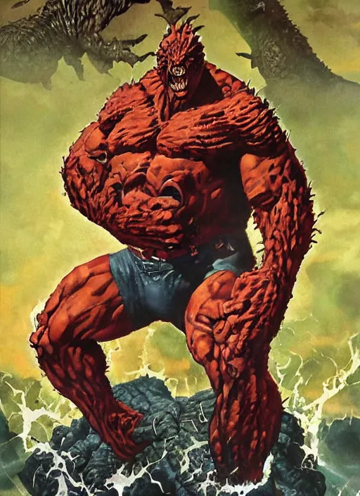 Prompt: full body and head single character portrait of martyn ford and godzilla hybrid as marvel mutant, dynamic action, painted by norman rockwell and phil hale and greg staples and tom lovell and frank schoonover and jack kirby