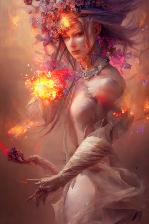 Image similar to beautiful girl necromancer, magical fairy exploding into flowers, angels, 3 d render, hyper - realistic detailed portrait, holding fire and electricity rainbow, ruan jia, wlop. scifi, fantasy, magic the gathering, hyper detailed, octane render, concept art, peter mohrbacher