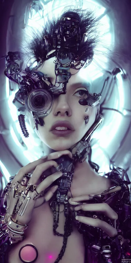 Prompt: hyperrealistic futuristic high fashion photography, girl in studio, full body, cybernetic parts, asian, scarlett johansson, vogue magazine, nomad masterpiece, nano parts, neon lights, smoke, eerie music, beautiful intricate face and flawless skin, tribal jewelry, tattoos, perfect hands, head piece, by Edgar Maxence and Ross Tran and Michael Whelan, 8k, octane render