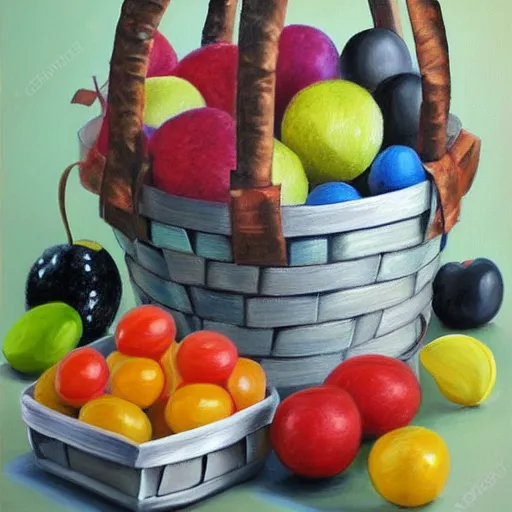 Image similar to photorealistic painting of a gift basket with fruit chocolate and toys