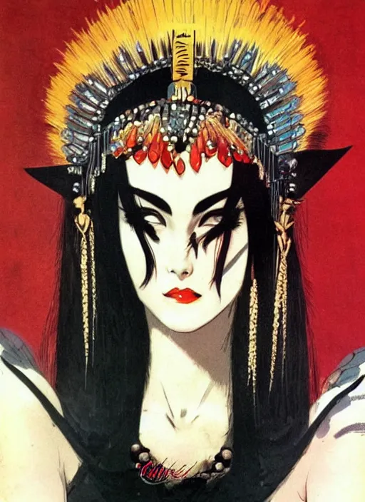 Image similar to junoesque female korean vampiress, jeweled headdress, heavy mascara, strong line, saturated color, beautiful! coherent! by frank frazetta, high contrast, minimalism