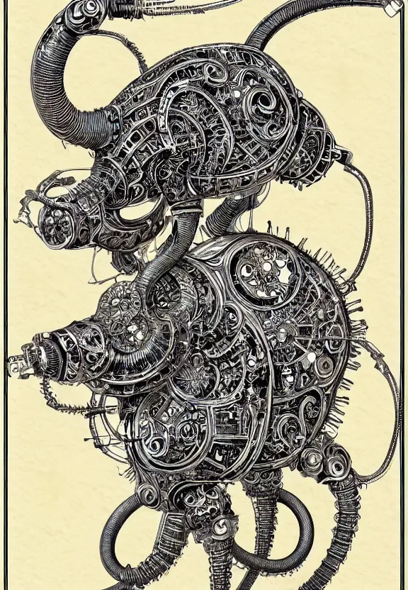 Image similar to schematic blueprint of highly detailed ornate filigreed convoluted ornamented elaborate cybernetic rat, art by da vinci