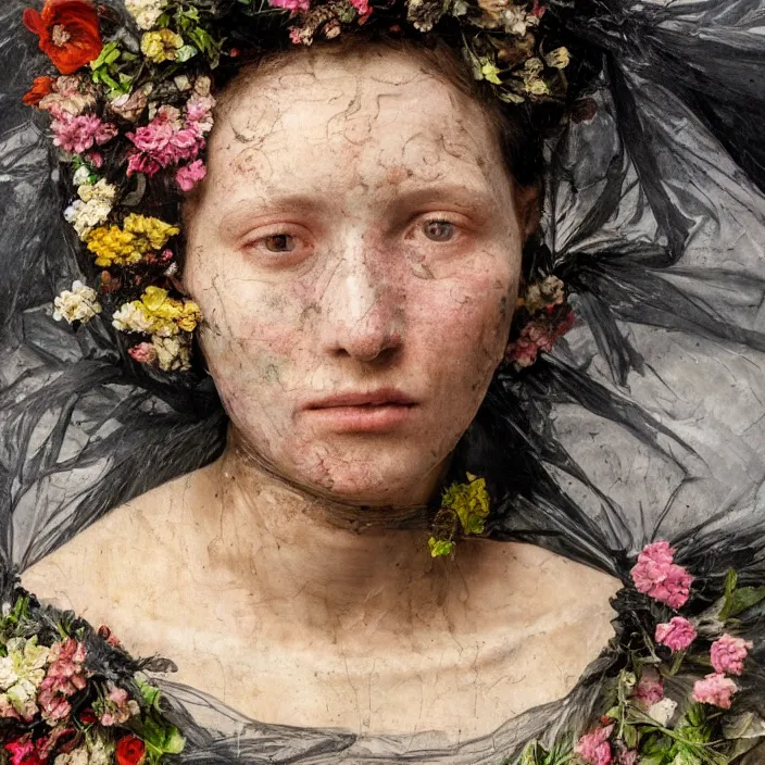 Prompt: a closeup portrait of a woman wearing a cloak made of plastic and mud, in an infinite landscape of flowers, photograph by caravaggio, canon eos c 3 0 0, ƒ 1. 8, 3 5 mm, 8 k, medium - format print