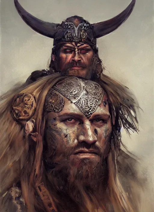 Image similar to portrait painting of viking berserker with celtic face tattoos wearing a dinosaur headdress, by jeremy mann, only one head single portrait