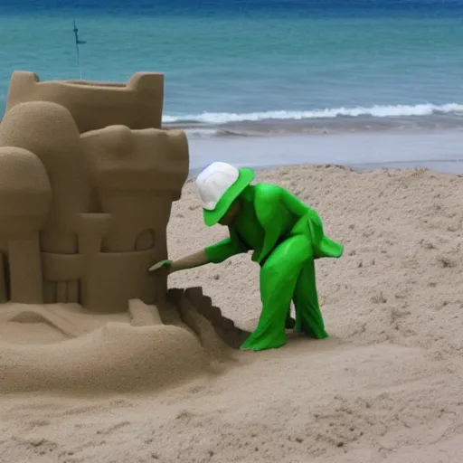 Image similar to Yoda building a sand castle on the beach