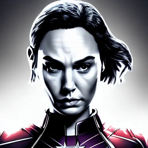 Prompt: a potrait of gal gadot as Captain Marvel by Zack Snyder, 8k photorealistic, cinematic lighting, HD, high details, dramatic, trending on artstation, view from above, dark atmosphere,