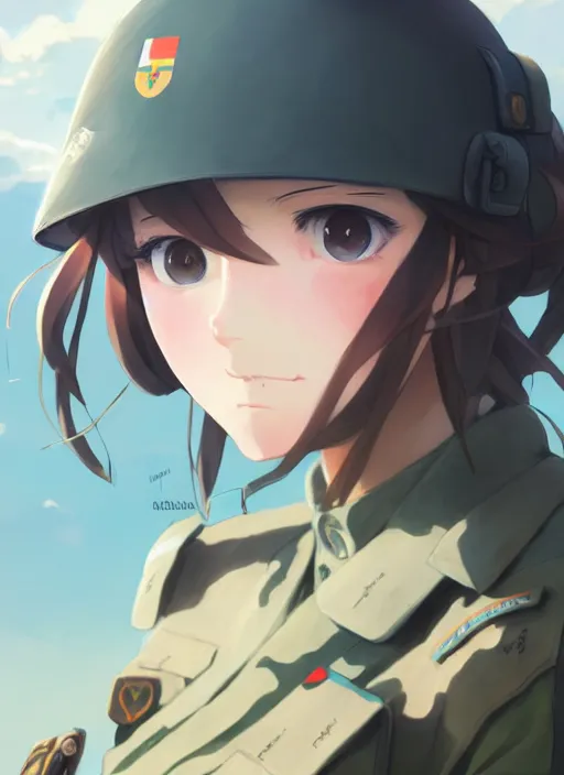 Image similar to portrait of cute soldier girl, cloudy sky background lush landscape illustration concept art anime key visual trending pixiv fanbox by wlop and greg rutkowski and makoto shinkai and studio ghibli and kyoto animation soldier clothing military gear realistic anatomy