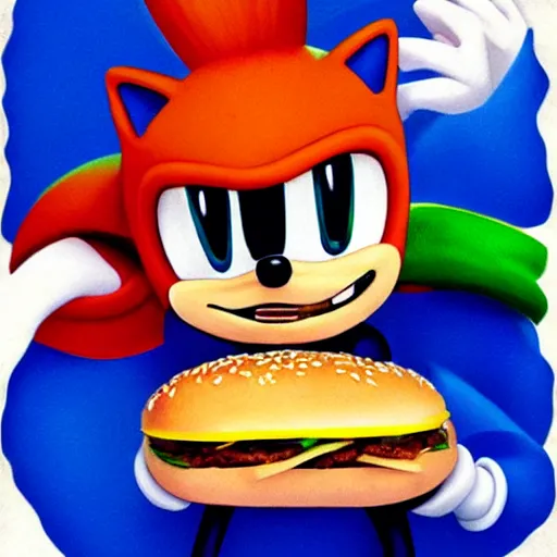 Prompt: fast sonic the hedgehog eating a hamburger, drawn by artgerm