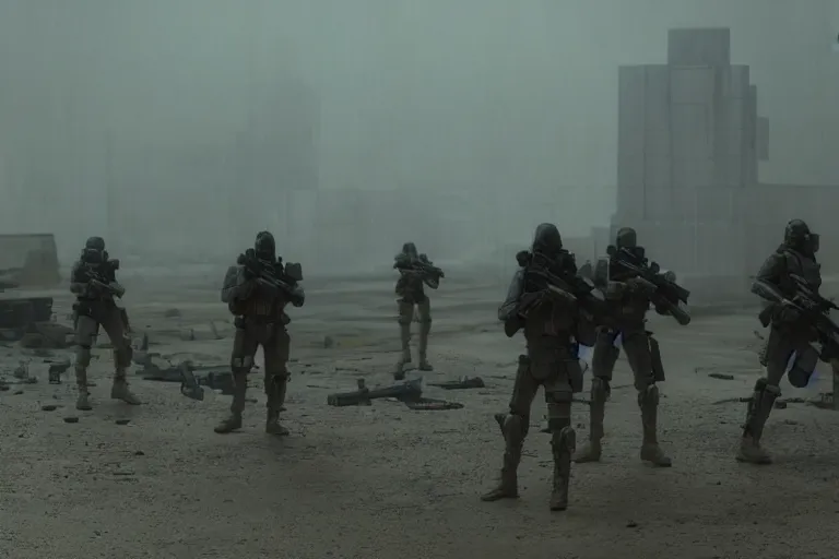 Image similar to vfx film, blade runner 2 0 4 9 futuristic soldiers shoot at enemy robots futuristic war, battlefield, war zone, shootout, dilapidated city ruins, running, shooting, explosion, battlefront, leaping, flat color profile low - key lighting award winning photography arri alexa cinematography, big crowd, hyper real photorealistic cinematic beautiful, atmospheric cool colorgrade