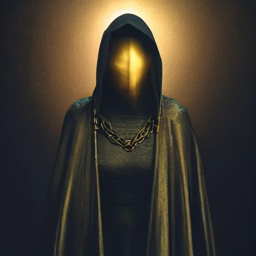 Image similar to a portrait of a young woman wearing a long dark cloak, hood and shadows covering face, holding golden chains, oil painting, matte painting, black background, Volumetric Golden dappled dynamic lighting, Highly Detailed, Cinematic Lighting, Unreal Engine, 8k, HD, by Beksinski