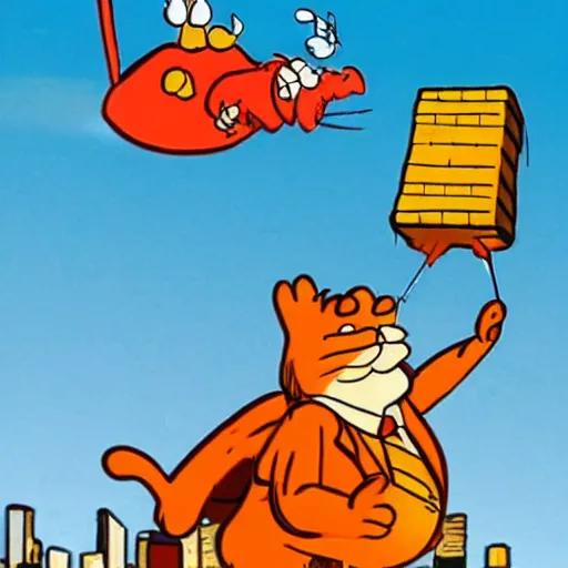 Prompt: garfield flying around the city with a jetpack while holding lasagna in his right hand, in the style of jim davis