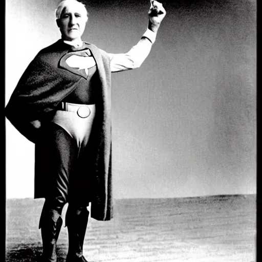 Image similar to thomas edison wearing superman costume.