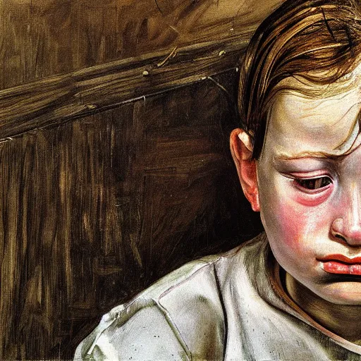 Image similar to high quality high detail painting by lucian freud, hd, portrait of a girl looking at the distance with despair, photorealistic lighting