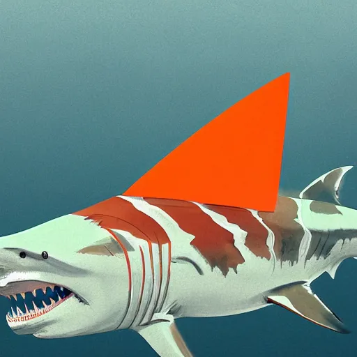 Image similar to great white shark, side view, with a silver and orange striped traffic cone construction cone on its dorsal fin, ocean background detailed atmospheric - ron cheng & alphonse mucha, highly detailed, digital painting, ray tracing, concept art, illustration, smooth sharp focus, intricate, symmetry, artstation,